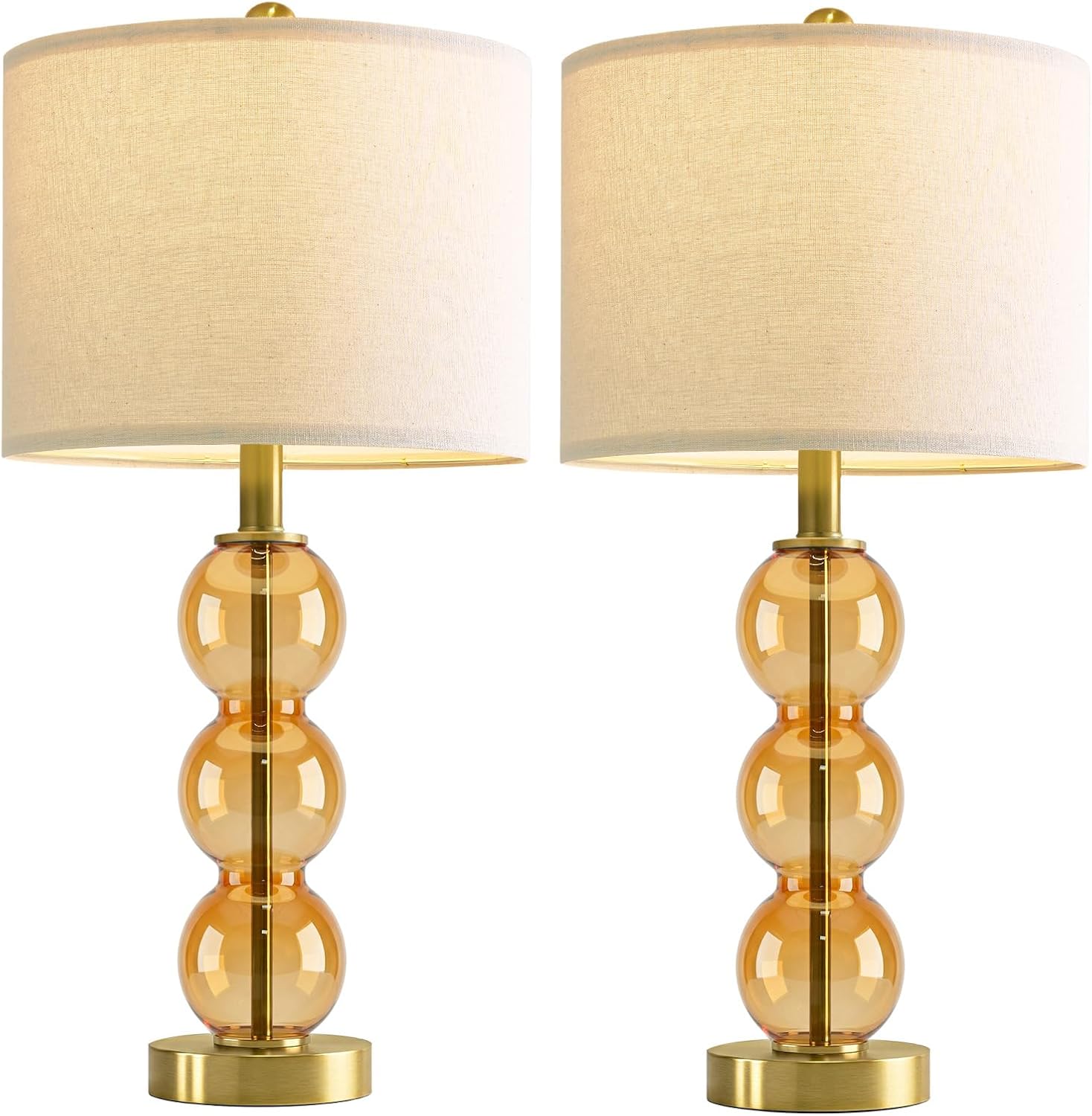 Oneach 25" Amber Glass Table Lamps for Living Room, Glass Modern Table Lamp Set of 2, USB Charging Ports, Linen Shade, Bedside Lamps for Be…