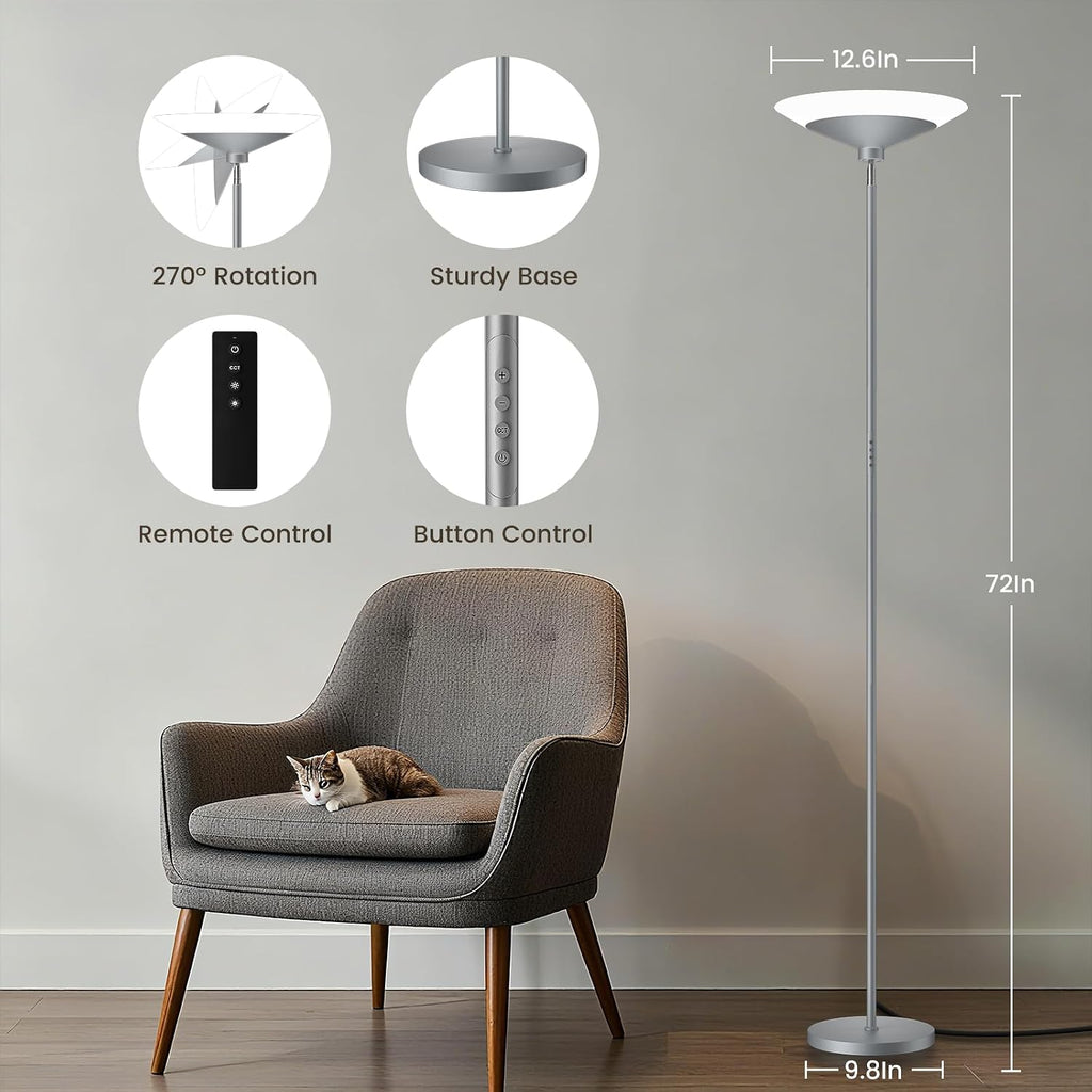 SIBRILLE Silver Torchiere Floor Lamp - 30W Dimmable LED Standing Lamp with Remote/Button Control, 1800Lm, 3000-6500K, 72in Bright…