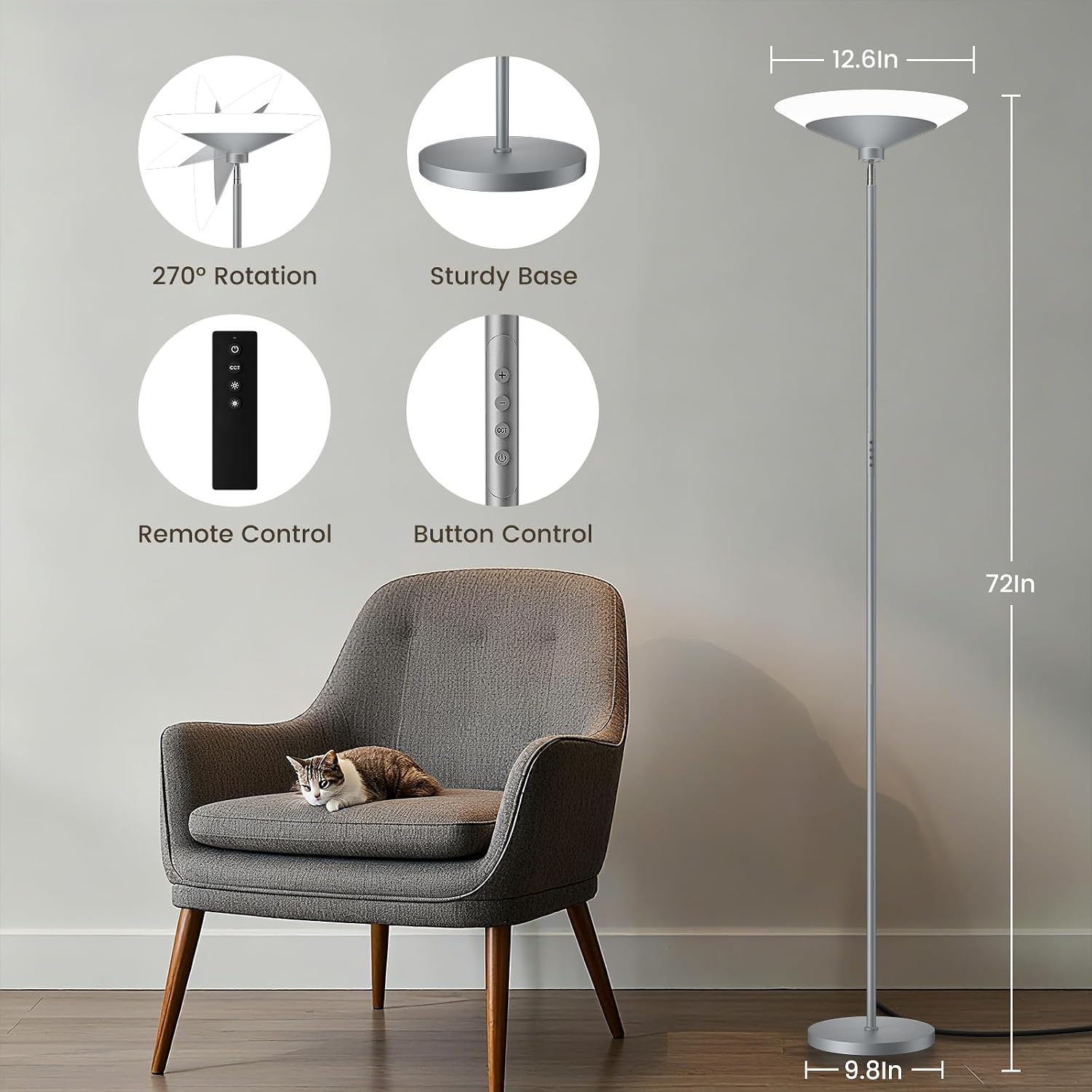 SIBRILLE Silver Torchiere Floor Lamp - 30W Dimmable LED Standing Lamp with Remote/Button Control, 1800Lm, 3000-6500K, 72in Bright…