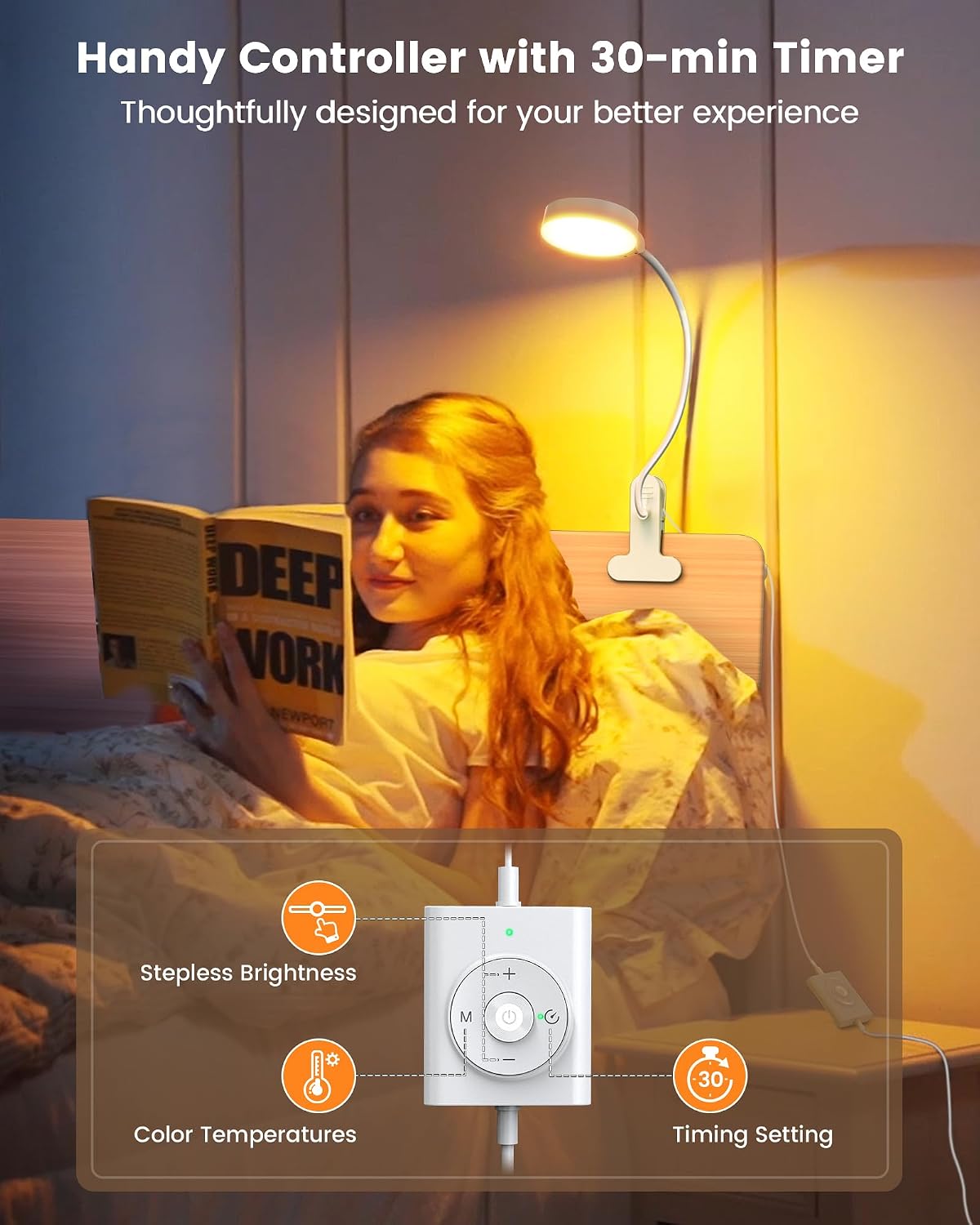 Glocusent 5W 36 LED Reading Clip on Light for Bed, Eye Caring Bed Lamp, 3 Colors & 5 Brightness Levels for Headboard with Adapter, Perfect…