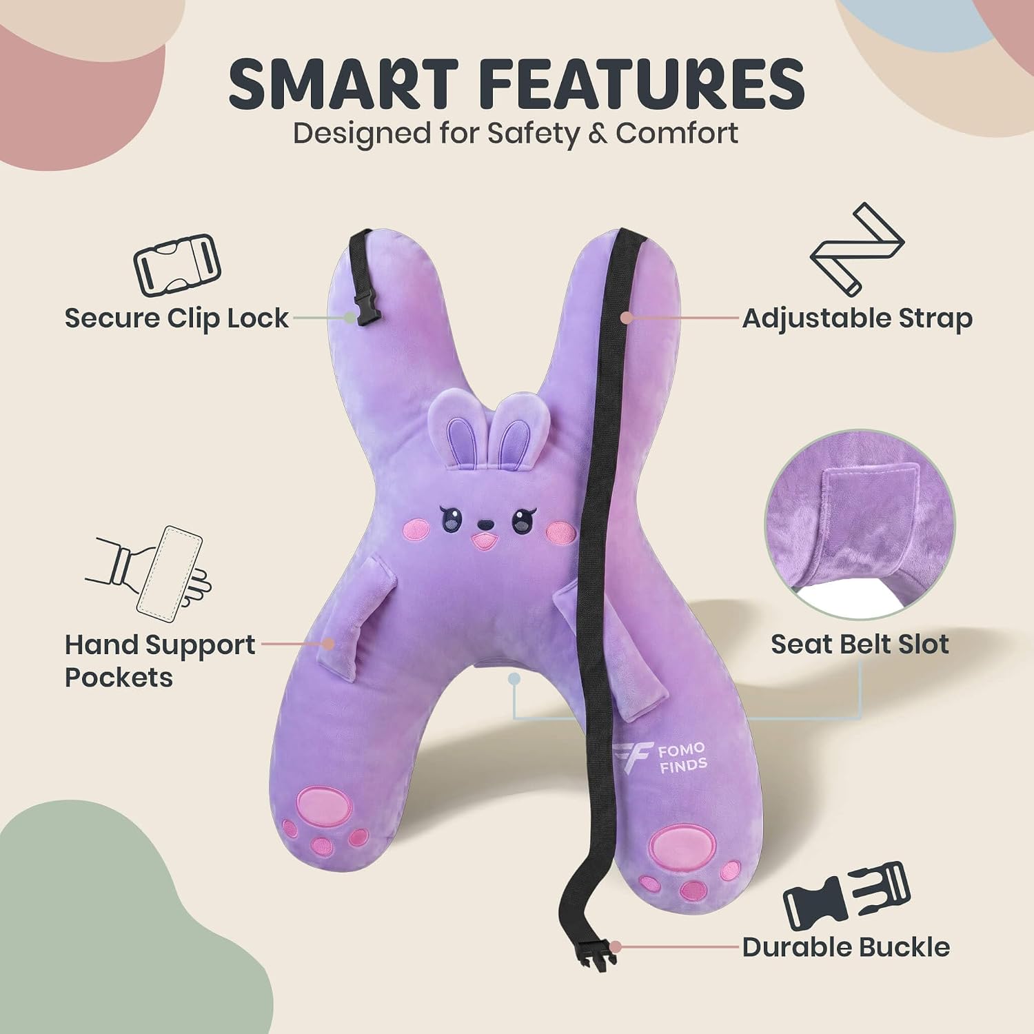Kids Car Sleeping Pillow - X-Shaped Plush Animal for Neck & Back Support - Hands & Seat Belt Slot - Machine Washable & Compressible…