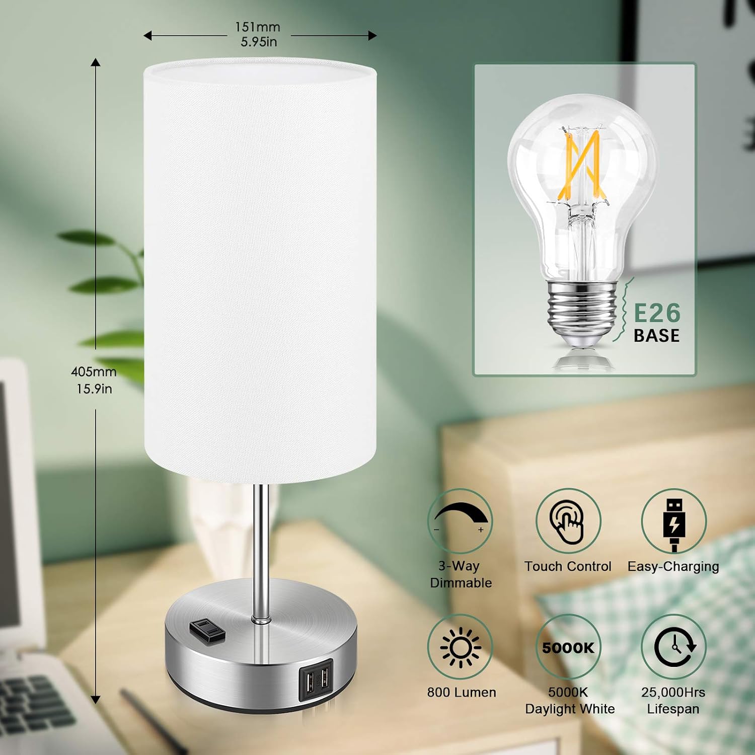 Brightever Set of 2 Touch Control Table Lamps with 2 USB Charging Ports&AC Outlet, 3-Way Dimmable Bedside Nightstand Lamps with White Fabri…