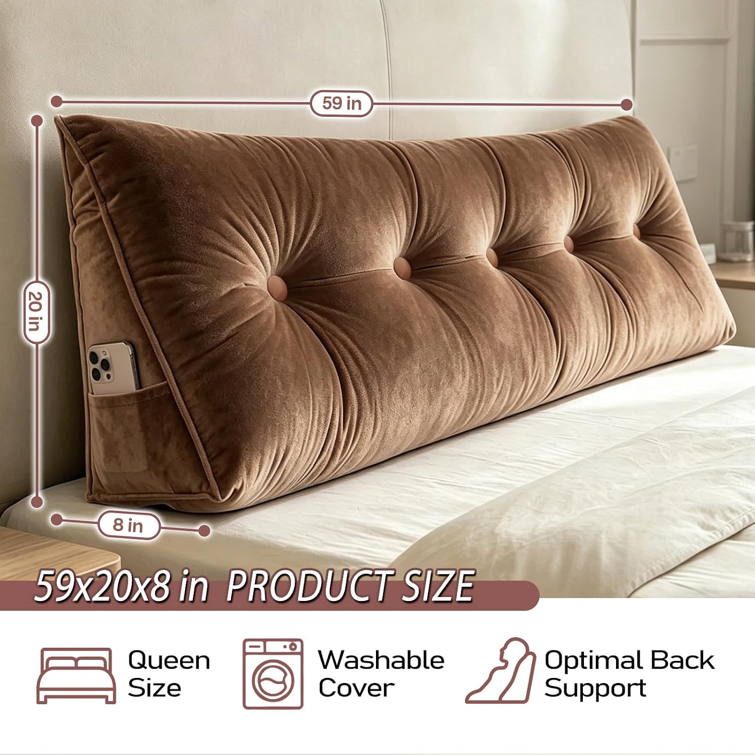 Scnut Headboard Pillow Queen, Triangle Wedge Pillow for Headboard, Ergonomic Backrest Cushion for Reading Sitting Working Removable Crystal…