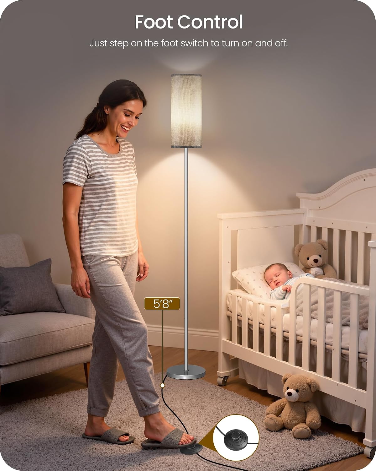 Dimmable Floor Lamps for Living Room with Remote and Foot Switch, 64.4” Modern Standing Tall Lamp, Corner Lamp for Bedroom, Office, Bulb…