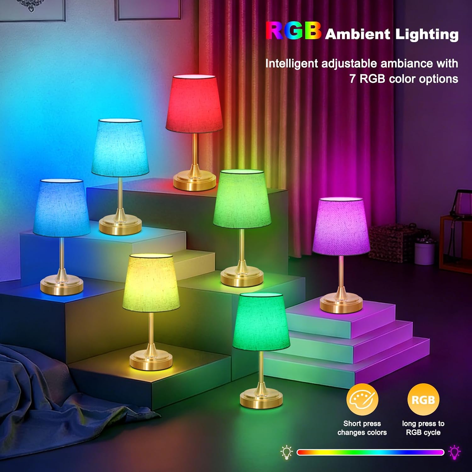 Wowag Small Cordless Table Lamp Rechargeable,5000mAh Battery Operated Desk Lamp,3 Colors & 7 RGB Stepless Dimmable, Touch Ambient Light…