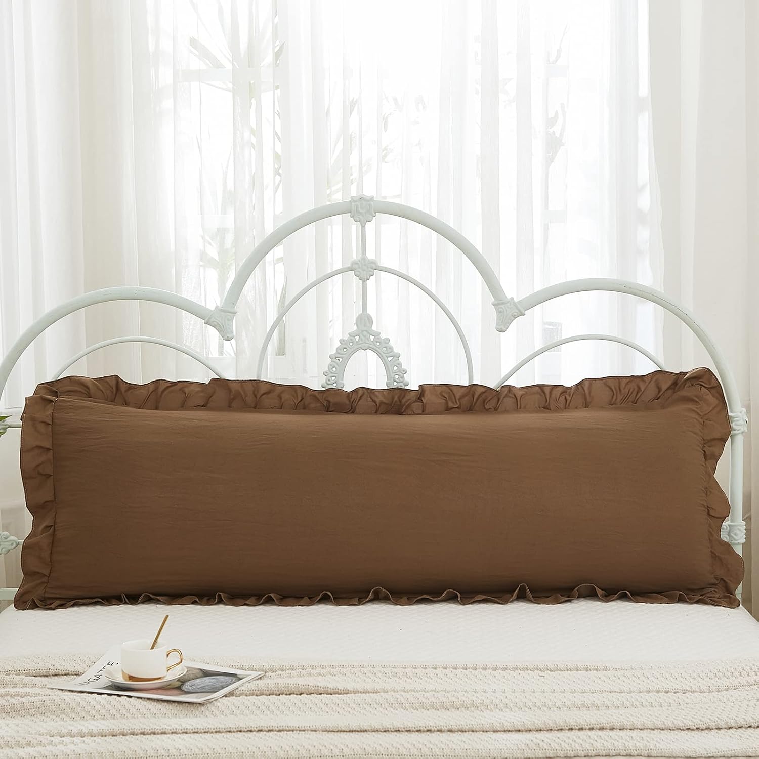 Merryword Brown Body Pillow Cover 20x54inches Long Pillowcase Ruffled Pillowcases Shabby Chic Ruffled Fringe Decor Body Ruffled Pillow Sham…