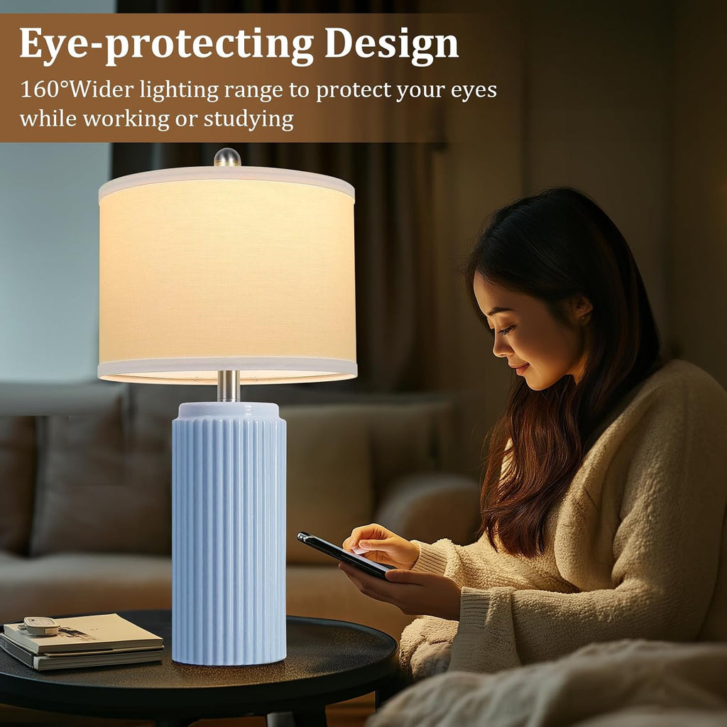 Tobusa 23.5’’ Sky Blue Farmhouse Table Lamps for Living Room Set of 2, Modern Elegant Ceramic Bedside Nightstand Lamps with White Linen Sha…