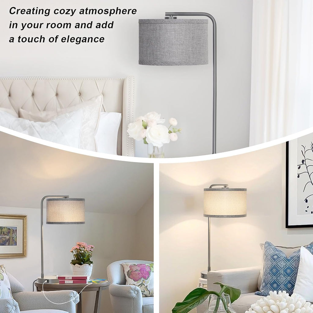 Gray Bedside Lamp with USB C+A Charging Ports, Fully Dimmable Modern Nightstand Lamp with Grey Fabric Shade, Tall Reading Lamp Desk Lamp…