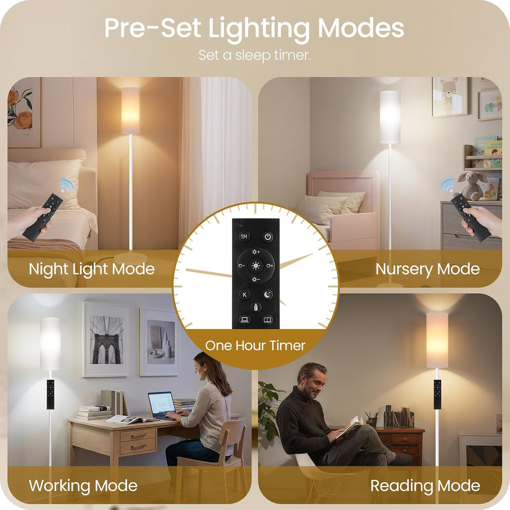 White Dimmable Floor Lamps for Living Room with Remote and Foot Switch, 64.4” Modern Standing Tall Lamp, Corner Lamp for Bedroom, Office…