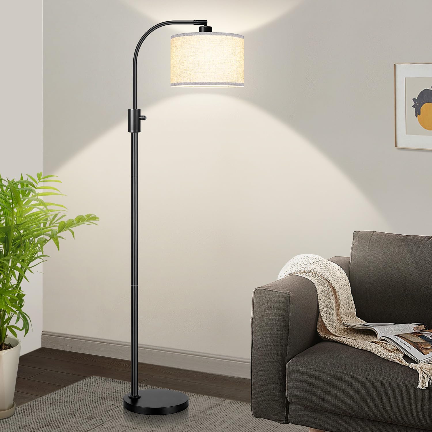 Nintiue Upgraded Modern Arc Dimmable Tall Standing Floor Lamp with Linen Shade, 1200 Lumens LED Bulb Included, for Living & Reading Room…