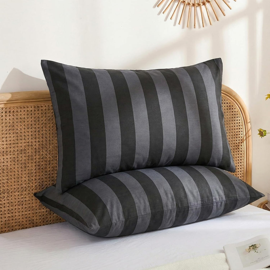Merryword Queen Size Pillowcases, 100% Cotton Pillow Cases, Black and Gray Striped Pillowcases, Luxury Linen Like Pillowcase, Soft Breathab…