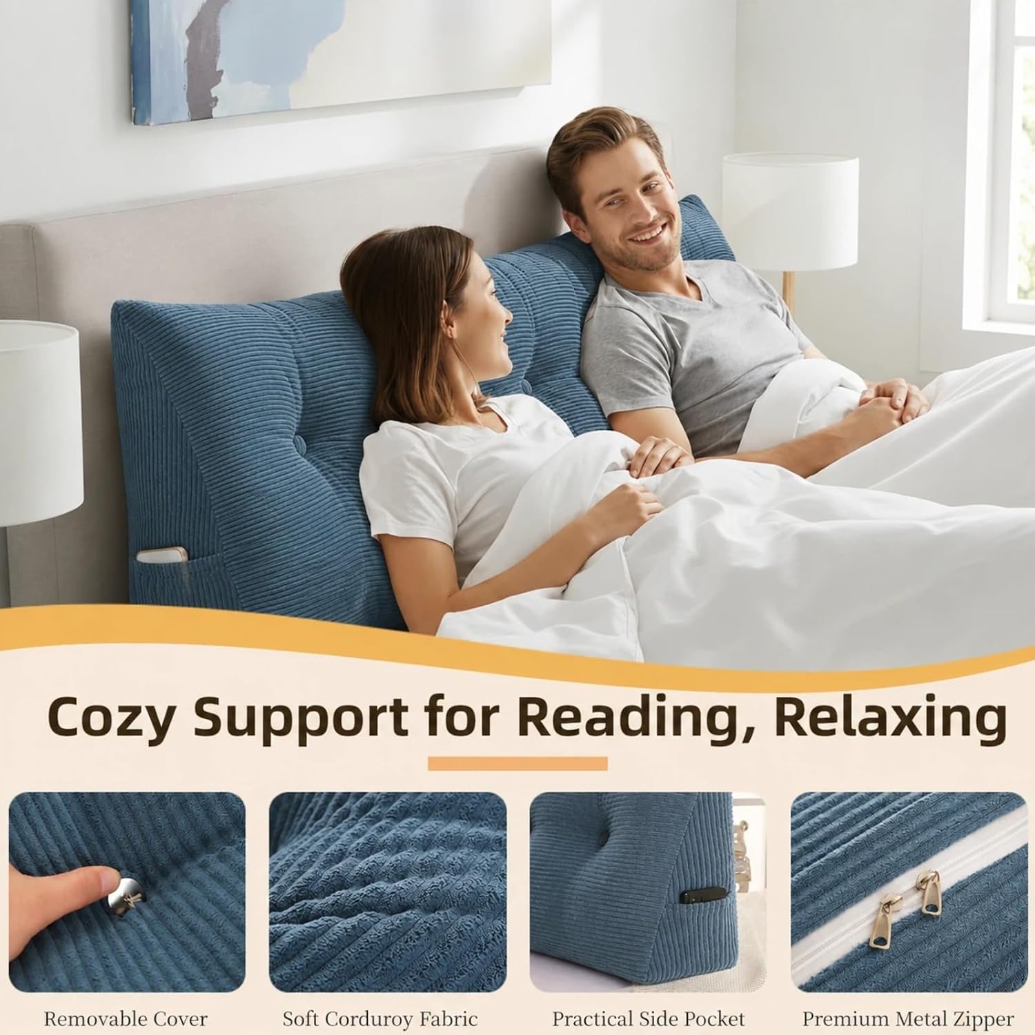 Wedge Reading Pillow Headboard Queen Size, Headboard Bolster Pillow for Bed, Triangular Backrest Cushion with Removable Corduroy Cover, Blue