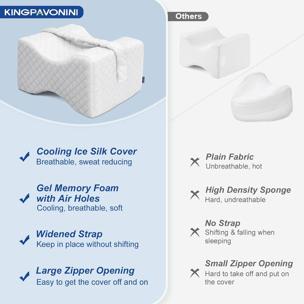 KingPavonini Cooling Knee Pillow for Side Sleepers, Gel Memory Foam Leg Pillows for Side Sleeping with Ice Silk Cover and Strap, Knee Pillo…
