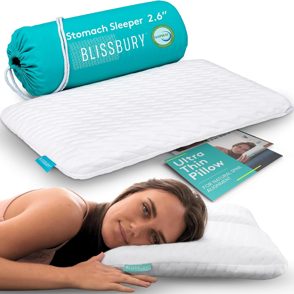 Blissbury Stomach Sleeping Pillow – Ultra Thin 2.6" Memory Foam for Neck and Cervical Support | Flat Pillow for Belly Sleeper | Low Loft De…