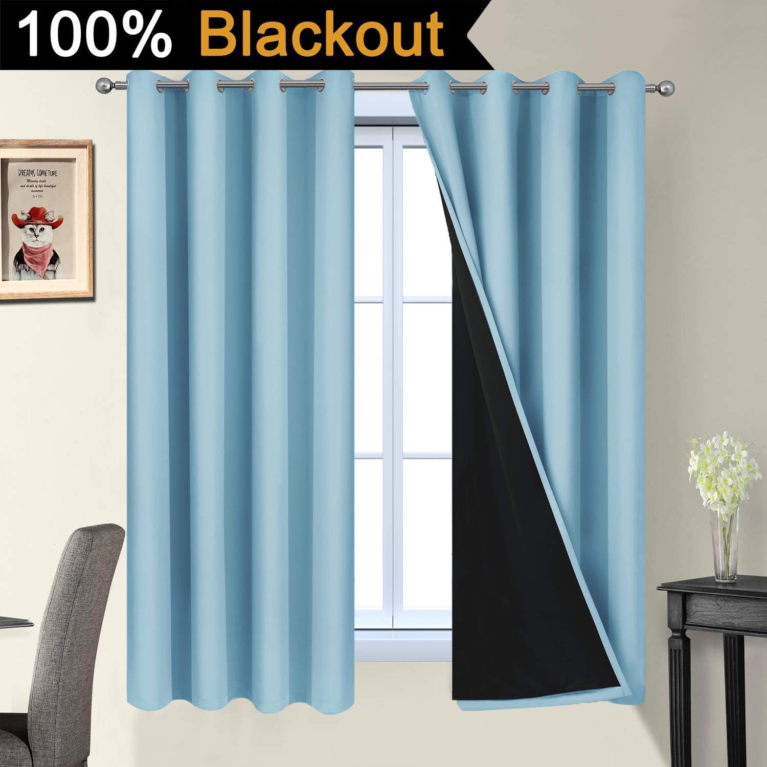 Yakamok 100% Blackout Curtains Energy Saving Thermal Insulated 2 Thick Layers Completely Blackout Drapes with Black Liner for Bedroom (52Wx…