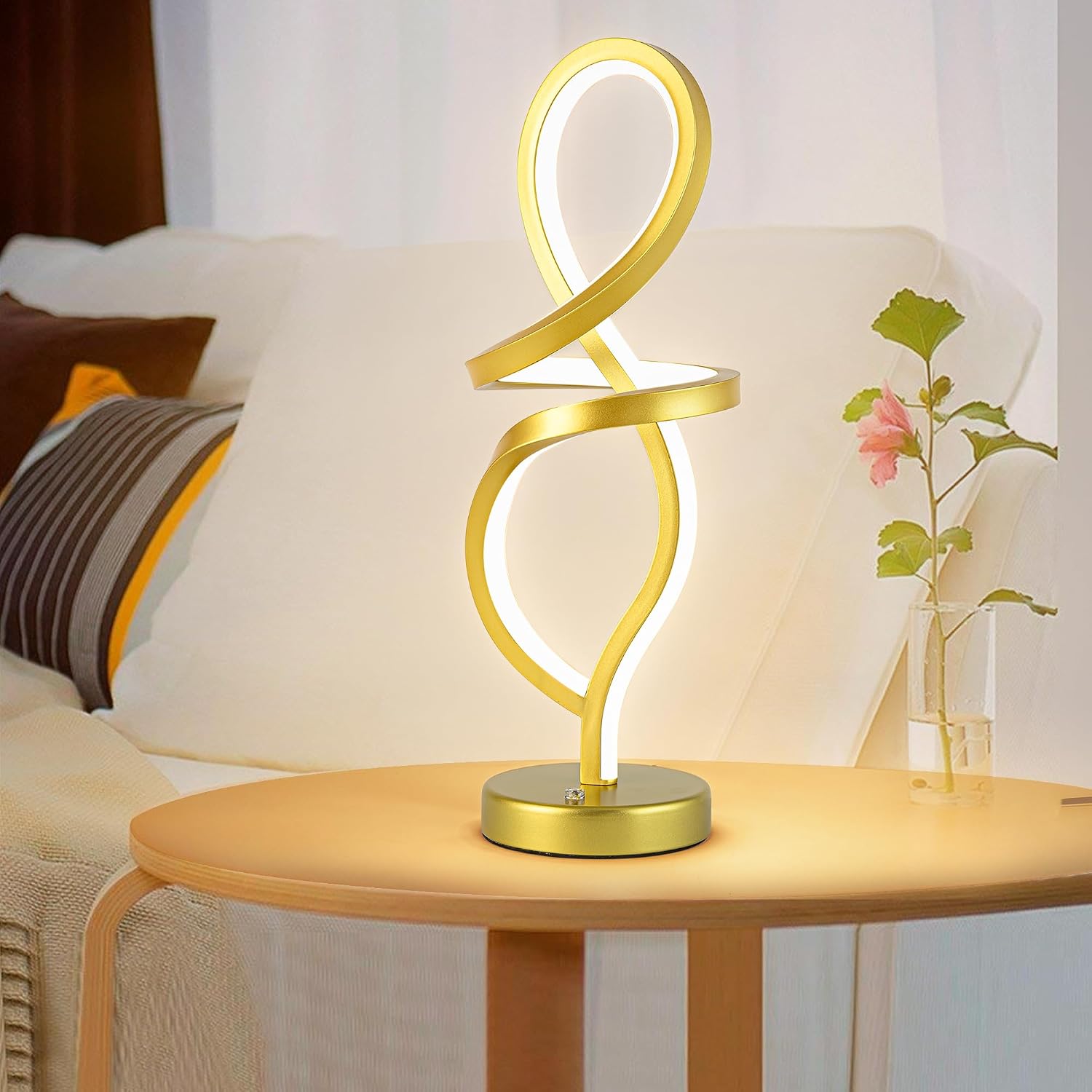Mayful Modern RGB Table Lamp with 15W LED Unique Spiral Design, Gold Small Nightstand Lamp & Bedside Lamps, Touch Dimmable with 7 Colors…