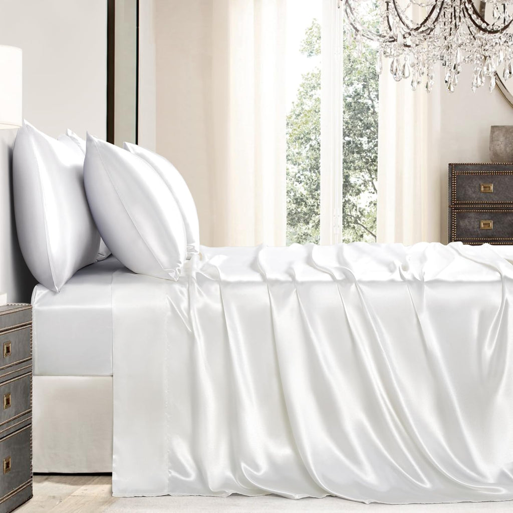 Golal Satin Sheets Full Size - 6 Pieces Luxury Silky Soft Bed Sheets, Wrinkle-Free White Satin Silk Sheet Set with 1 Deep Pocket Fitted She…