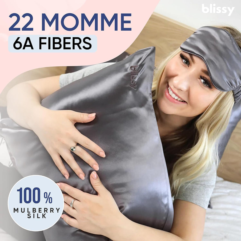 Blissy Silk Pillowcase - 100% Pure Mulberry Silk - 22 Momme 6A High-Grade Fibers - Silk Pillow Cover for Hair & Skin - Regular, Queen &…