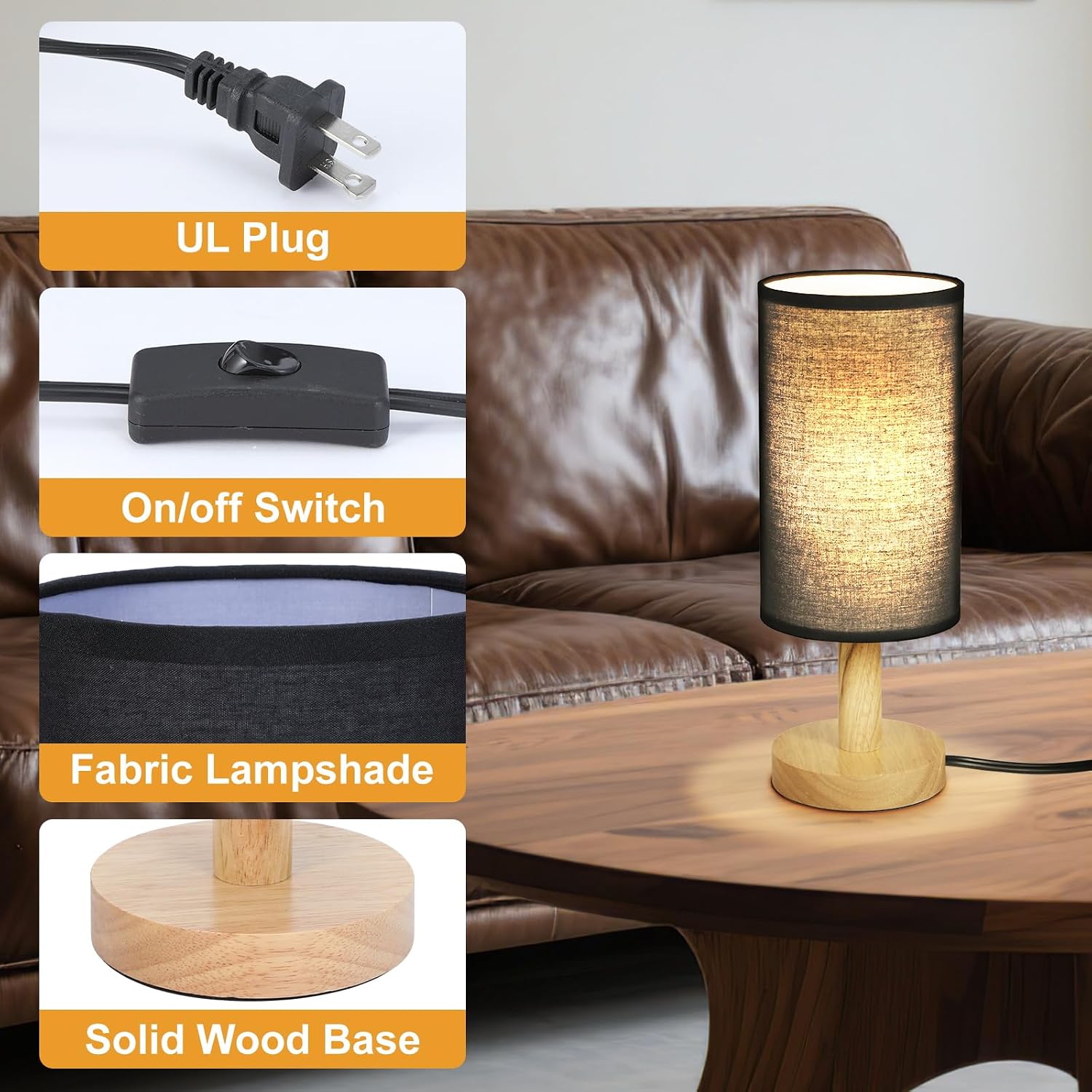 Black Small Bedside Table Lamp for Bedroom, Natural Round Wood Base&Fabric Linen Shade, Cozy Night Table Light for Study Reading, Minimalist…