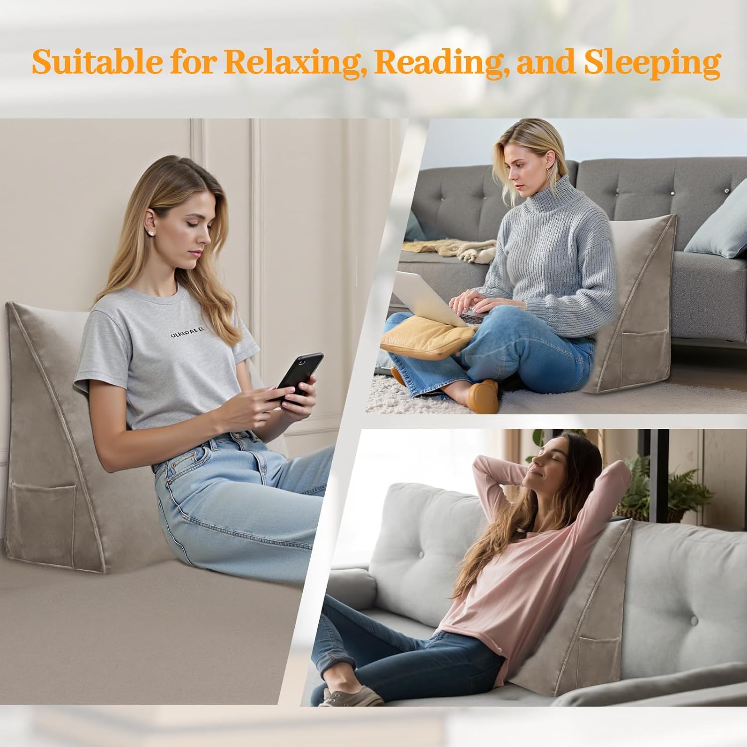 Wedge Headboard Pillow Reading Backrest Pillow for Sitting in Bed Sofa Dorm with Removable Cover Side Pockets Dutch Velvet Fabric Camel