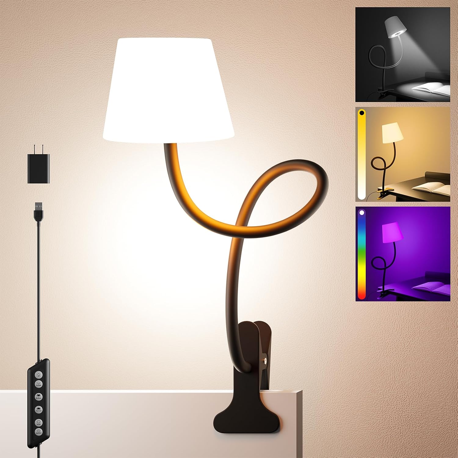 Rdzoko Clip on Light, Reading Light for Bed, RGB Lamp, Dimmable Desk Lamp with Clamp, College Dorm Room Essentials, Cute Bedside Night Ligh…