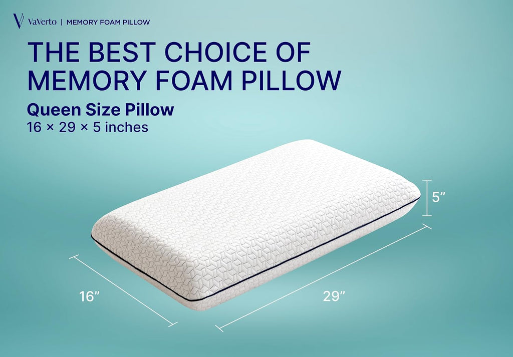 Vaverto Queen Memory Foam Pillow 2-Pack – Cooling Gel-Infused Orthopedic Bed Pillows for Neck and Shoulder, Firm Support Design with Remov…