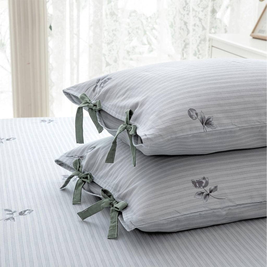 FADFAY 100% Cotton Double Gauze Muslin Sheet Set, Gray Striped Floral Bed Sheets with Bow Tie Detail, Ultra Soft Breathable Cooling…