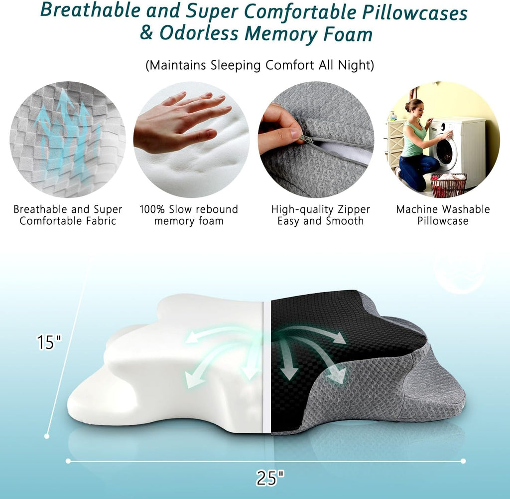 CHxxy Cervical Neck Pillow for Sleeping, Memory Foam Pillows, Ergonomic Side Sleeper Pillows, Cooling Orthopedic Neck Support Pillow for Ba…
