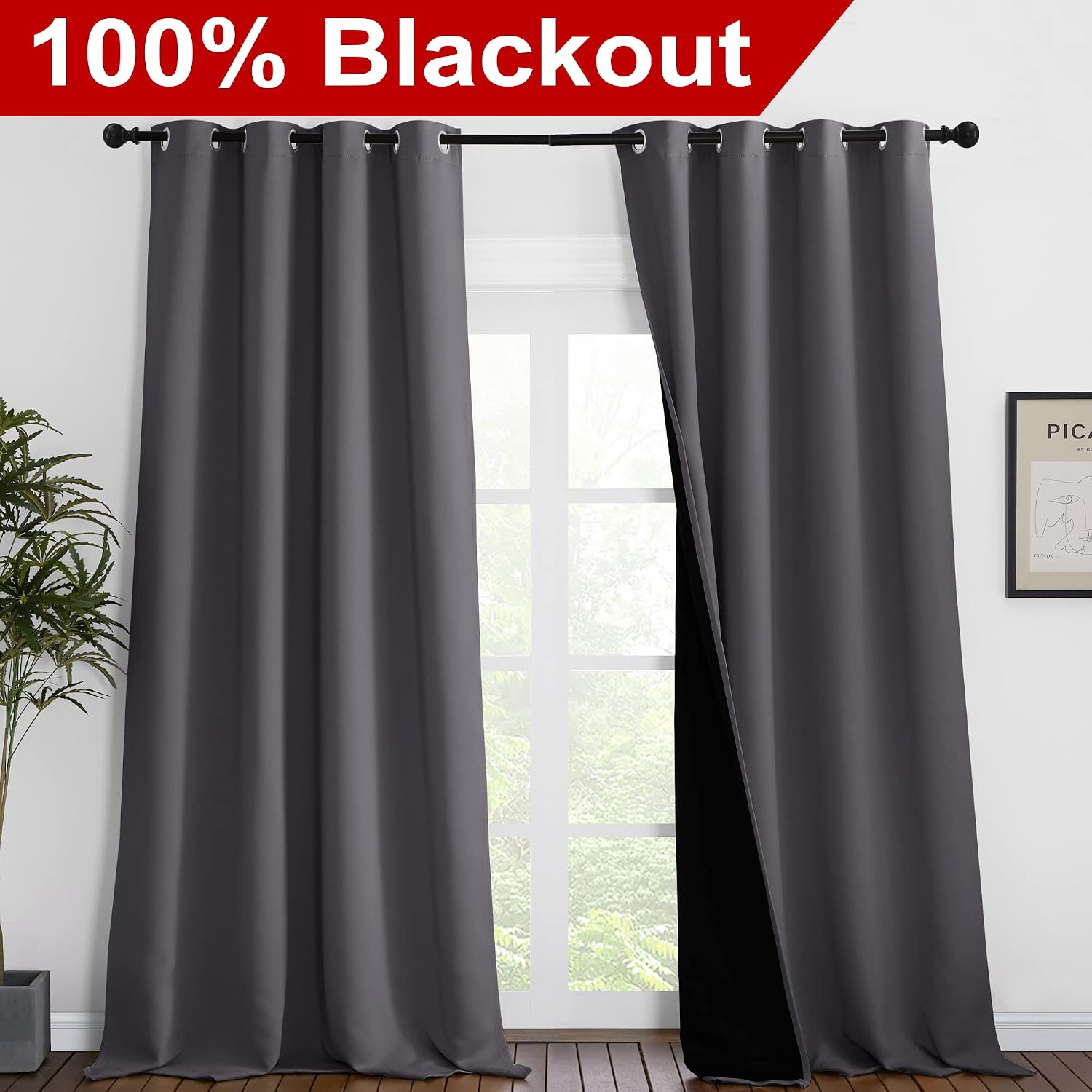 Nicetown 100% Blackout Blinds, Laundry Room Decor Window Treatment Curtains for Large Patio Sliding Door, Thermal Insulated Grey Curtains f…