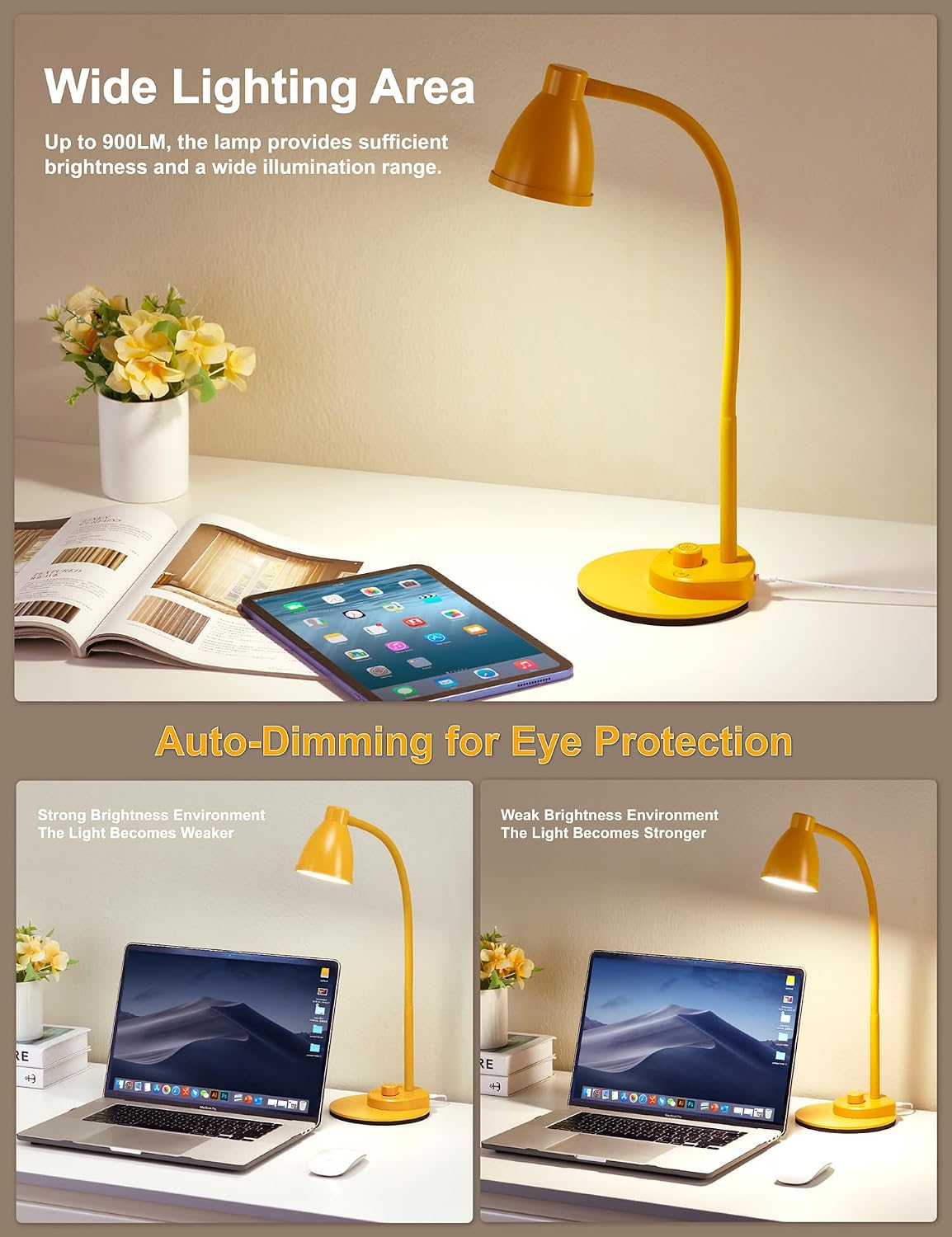 BOHON LED Desk Lamp with USB Charging Port, 3 Color Modes Fully Dimmable Reading Lamp, Auto Dimming Task Lamp, Flexible Neck Table Light…