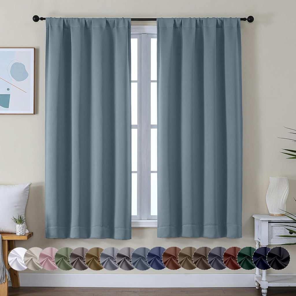 Simplebrand Ava Stone Blue Blackout Curtains for Bedroom 63 Inch Length 2 Panels, Solid Thermal Insulated Energy Saving Rod Pocket Window T…