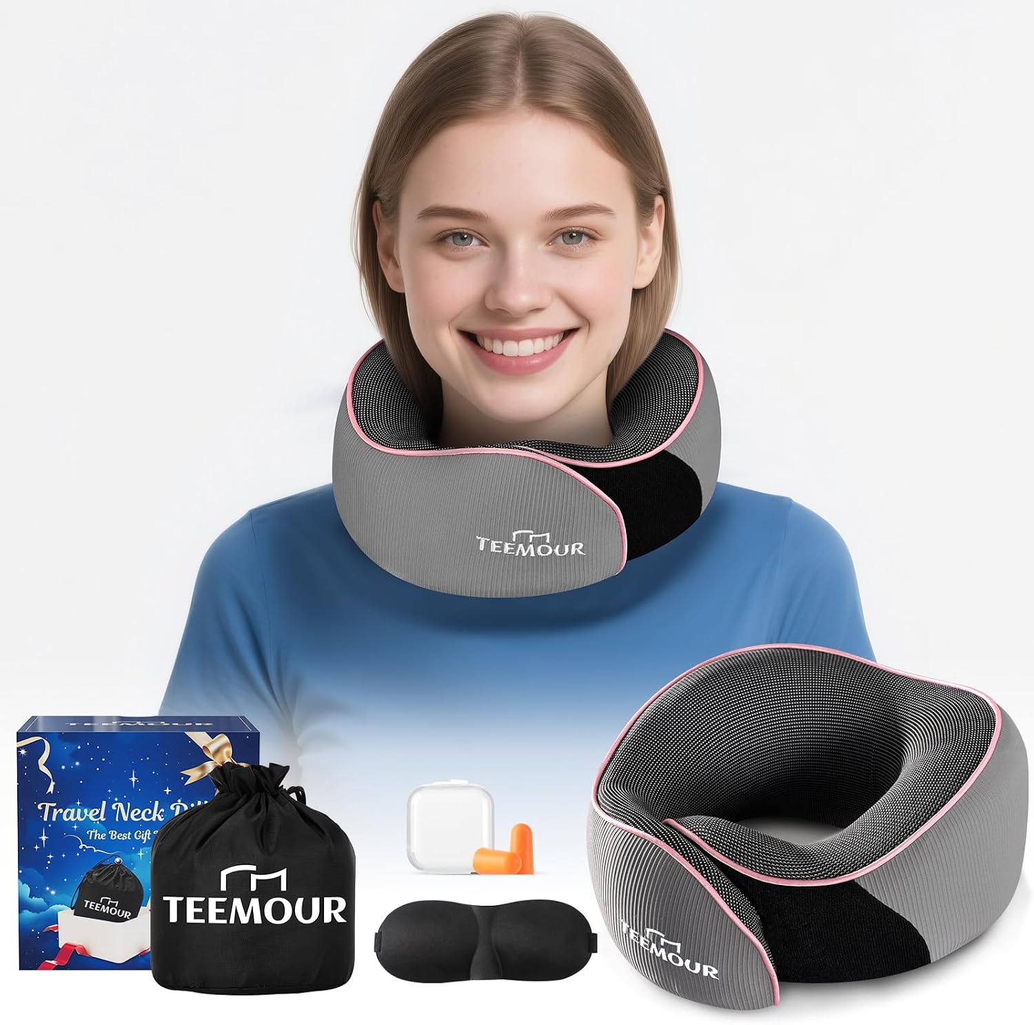 Teemour Travel Neck Pillow Airplane- Upgraded Memory Foam Neck Pillow for Airplanes 360° Support Desing, with Eye Mask & Earplugs…