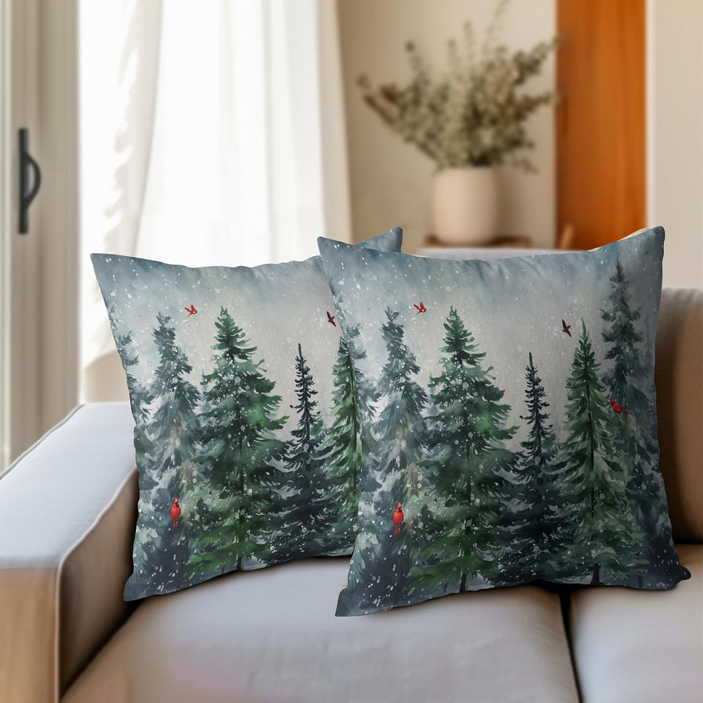 Granbey Green Tree Throw Pillow Covers Winter Snowy Forest Pillowcase 16x16 inch 2 PCS Nature Landscape Red Bird Decorative Cushion Cover f…
