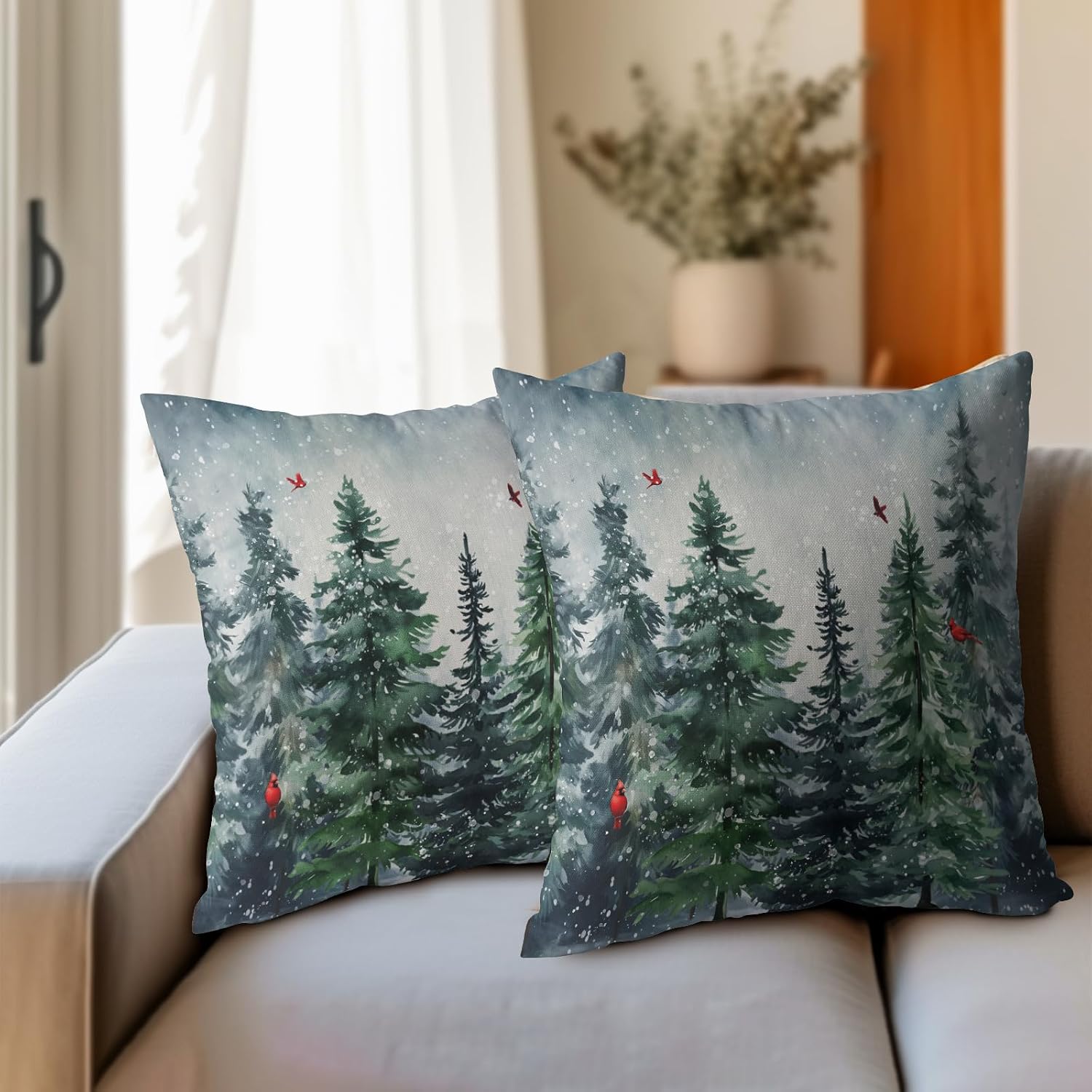 Granbey Green Tree Throw Pillow Covers Winter Snowy Forest Pillowcase 18x18 inch 2 PCS Nature Landscape Red Bird Decorative Cushion Cover f…