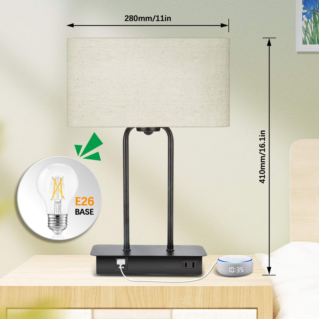 3-Way Dimmable Touch Control Table Lamp with 2 USB Ports and AC Power Outlet Modern Bedside Nightstand Lamp Fabric Shade and Metal Base…