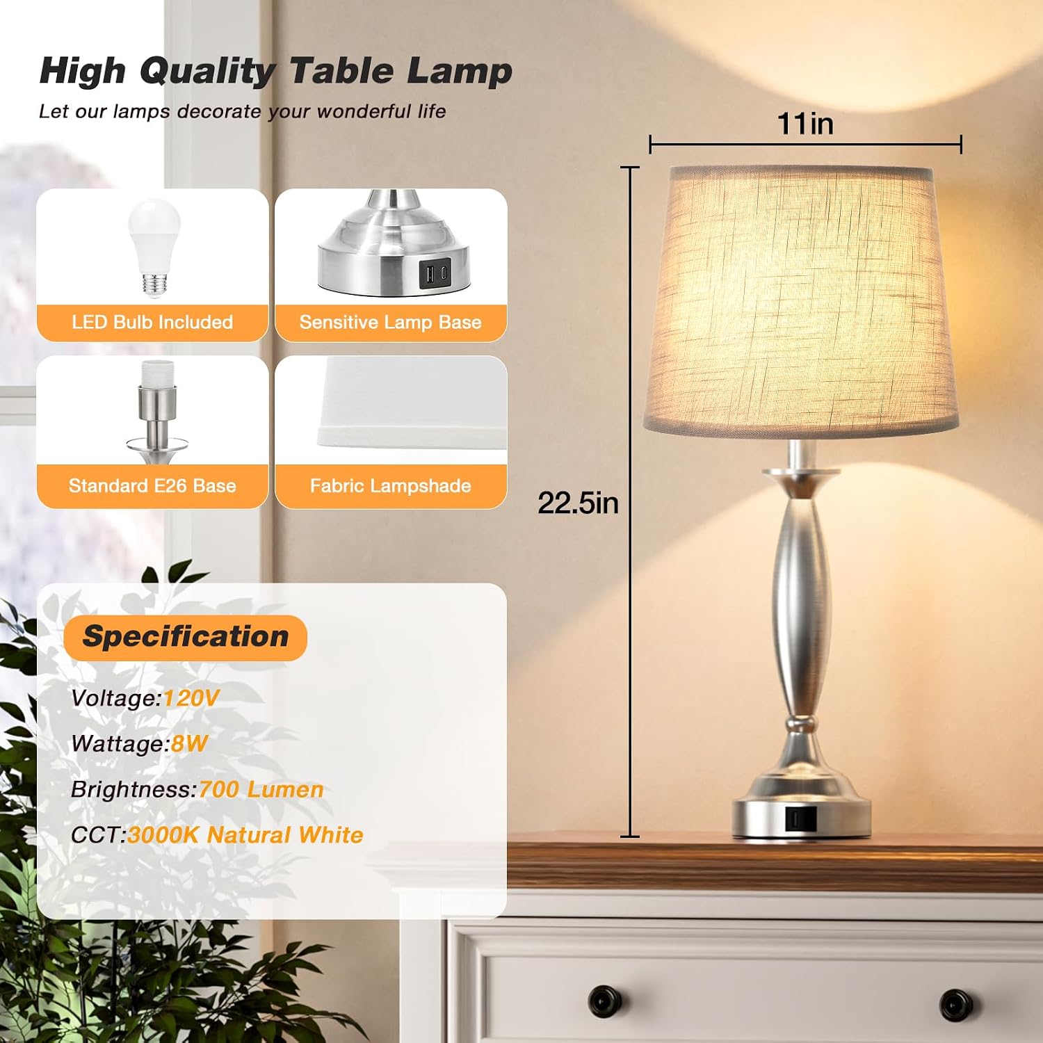 Lamps for Bedrooms Set of 2 - Touch Bedside Lamp with USB C+A, 3 Way Dimmable Nightstand Lamps with USB Port, Brushed Nickel Table Lamp…