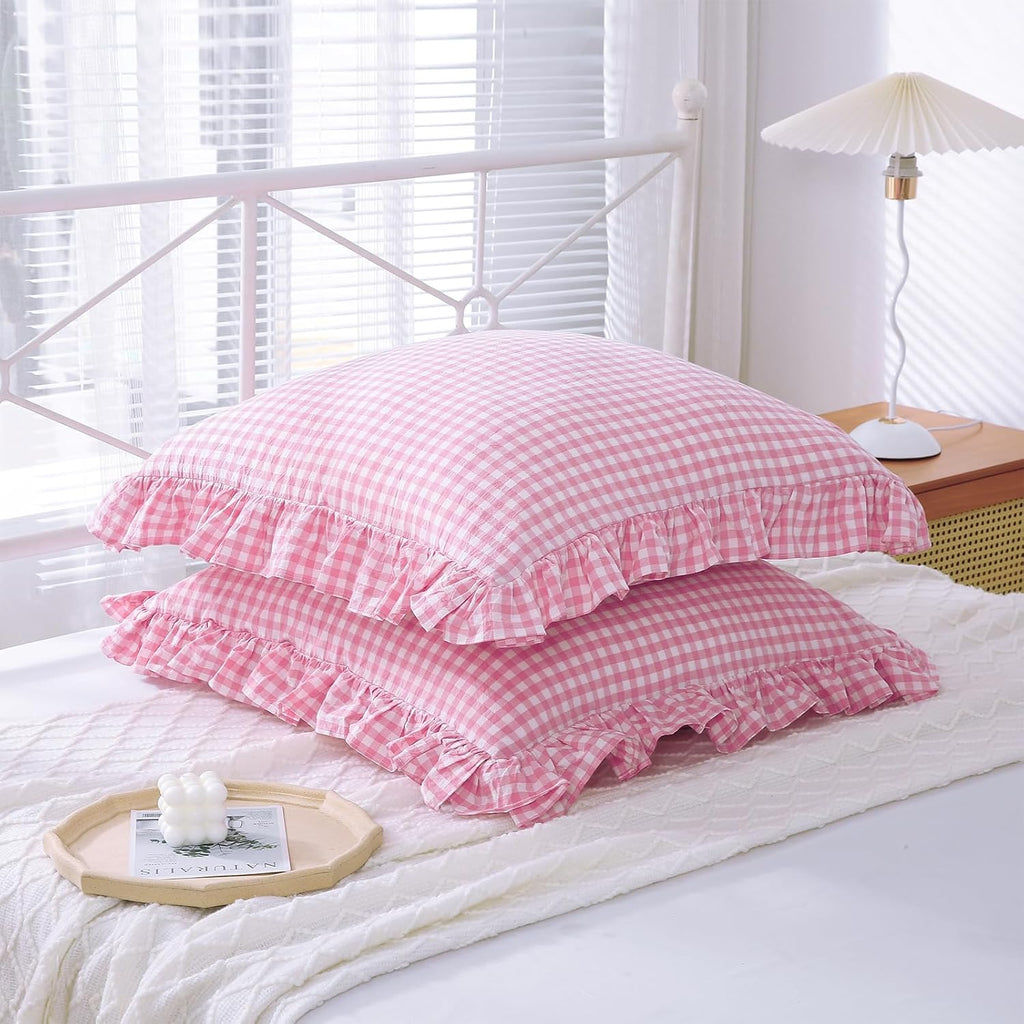 2 Pack Pink White Plaid Gingham Ruffle Euro Pillow Sham Covers, 100% Yarn-Dyed Washed Cotton Girls Lovely Checkered Farmhouse Pillow…