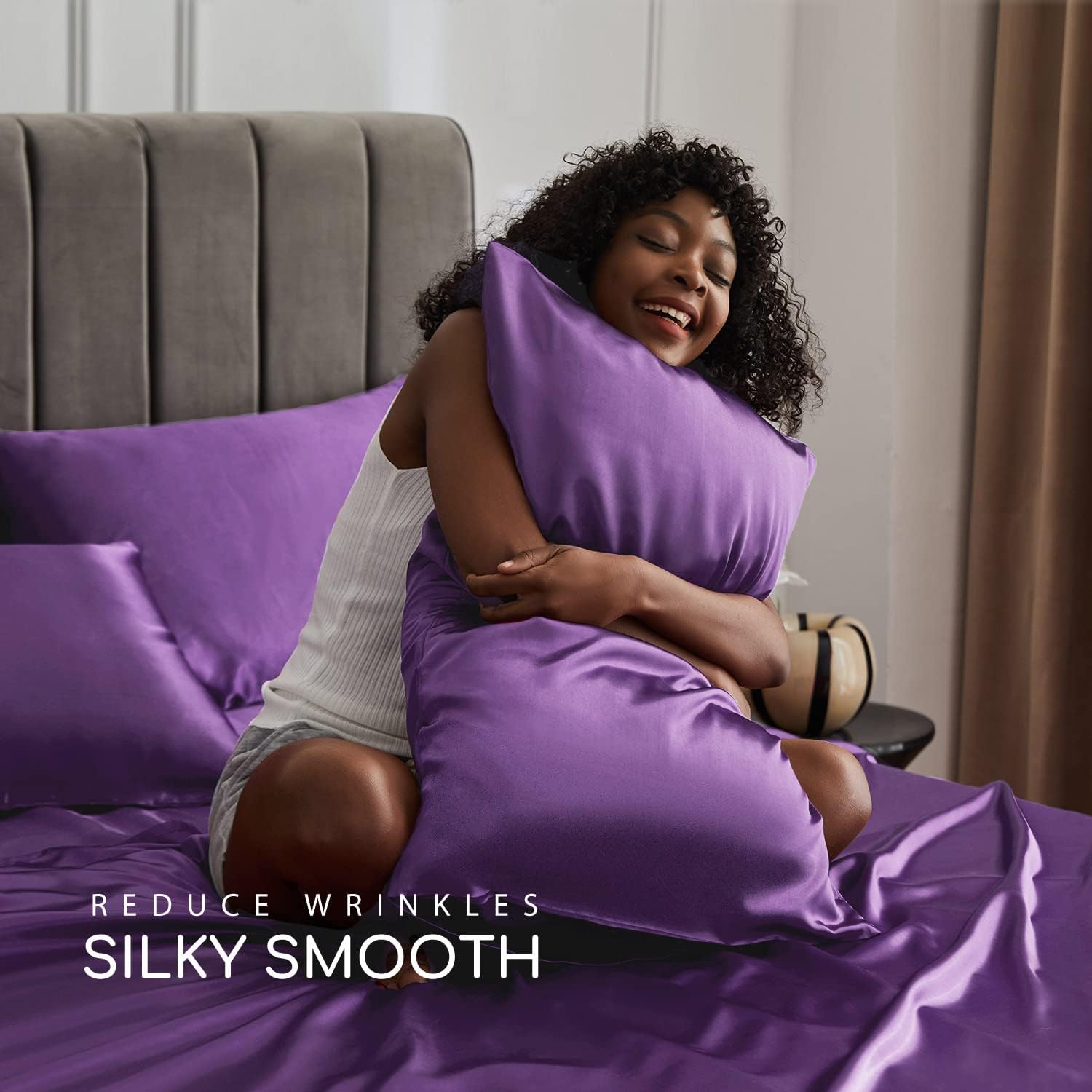 MR&HM Satin Bed Sheets, Queen Size Sheets Set, 6 Pcs Silky Bedding Set with 15 Inches Deep Pocket for Mattress (Queen, Lavender) 6 Pcs…