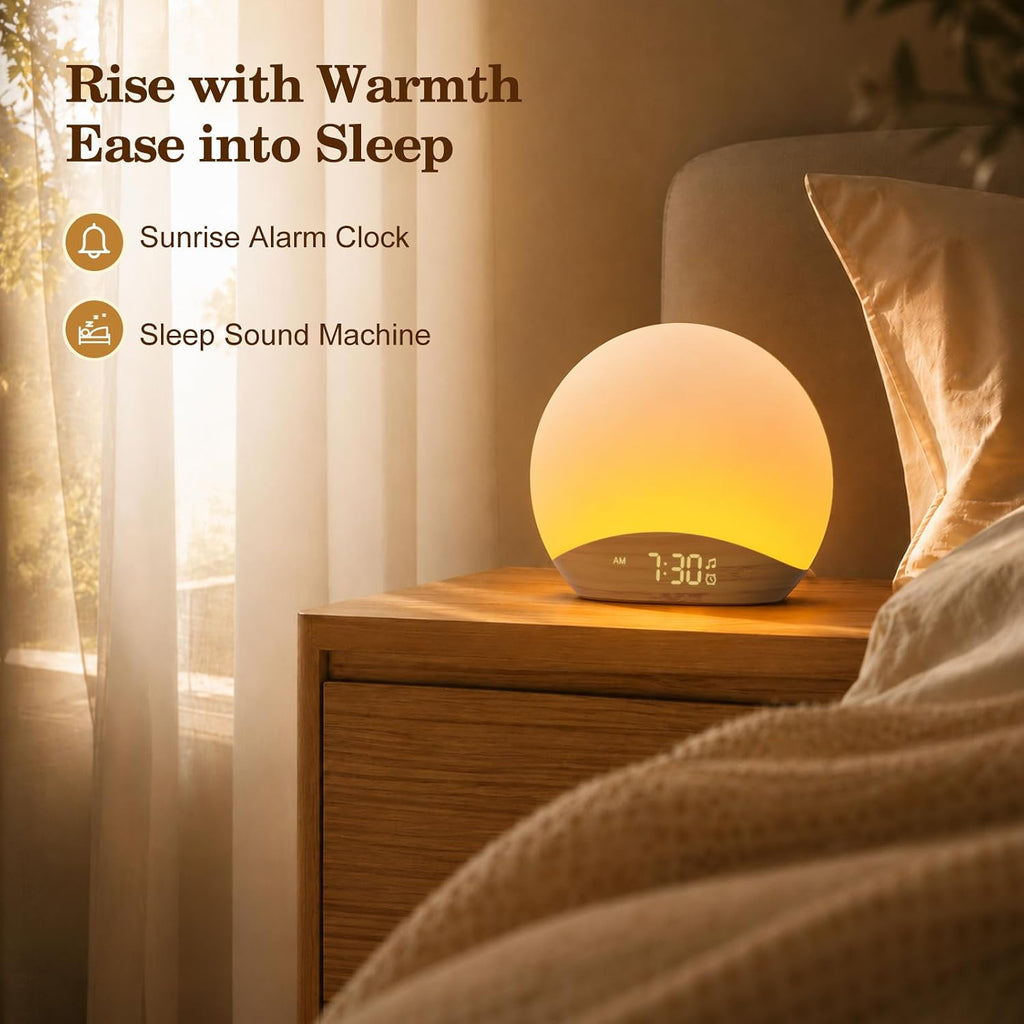 REACHER Wood Grain Sunrise Alarm Clock and Sound Machine Nightlight, Digital Dimmable Clock for Bedroom, 26 Sleep Sounds, White Noise…