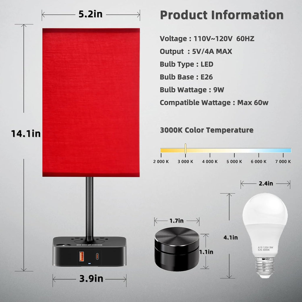 Bedroom Table Lamp with Remote Operation Control, Dimmable Bedside Table Desk Light with USB C+A Charging Ports 2 AC Outlets, Nightstand…