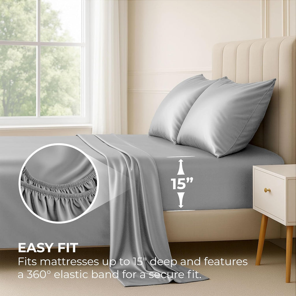 PureBedding Pure Bedding Satin Sheets Twin [3-Piece, Grey] Hotel Luxury Silky Bed Sheets - Extra Soft 1800 Microfiber Sheet Set, Wrinkle, F…