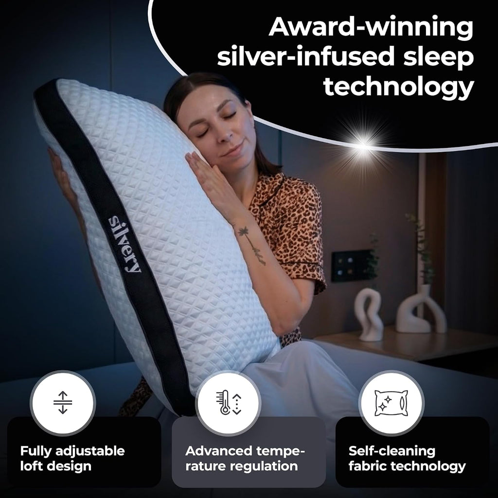 Silvery Silver Infused Restcool Bed Pillow - Adjustable Memory Foam Fill with Self-Cooling Fabric - Self-Cleaning Technology that Stays…