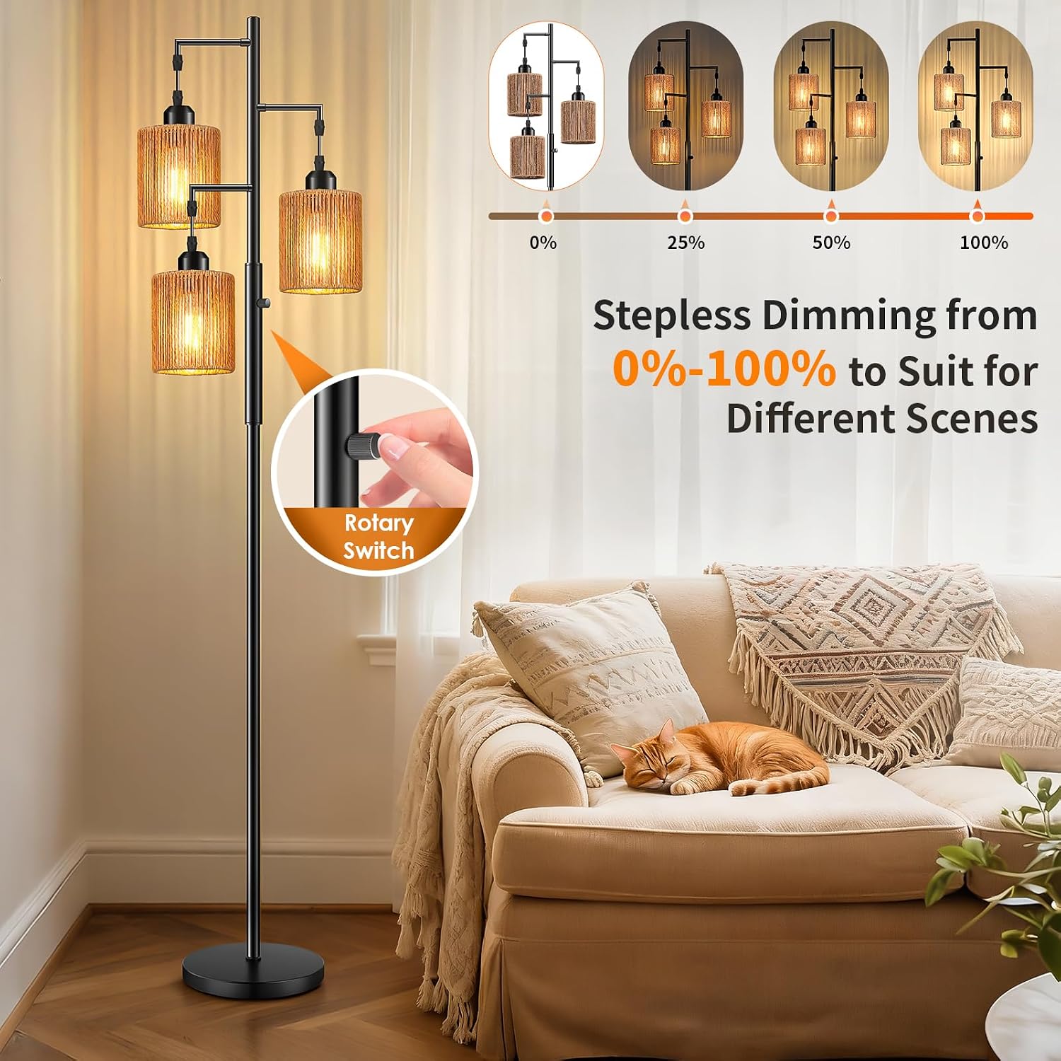 Hotsonic 72" Tall Boho Rattan Style Floor Lamp with Hand-Woven Paper Cord Shade, Dimmable Industrial Tree Standing Lamp for Living Room…