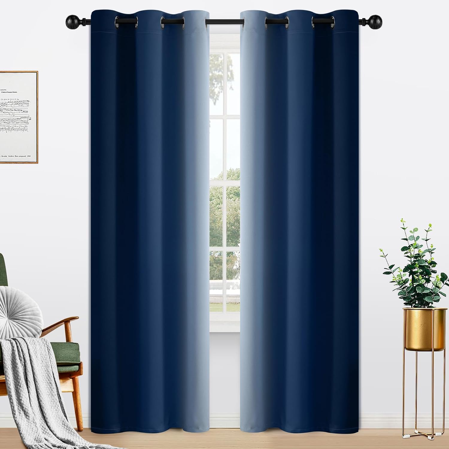 Yakamok Light Blocking Ombre Curtains, Greyish White and Blue Gradient Color Curtains, Room Darkening Grommet Window Drapes for Bedroom(Blu…