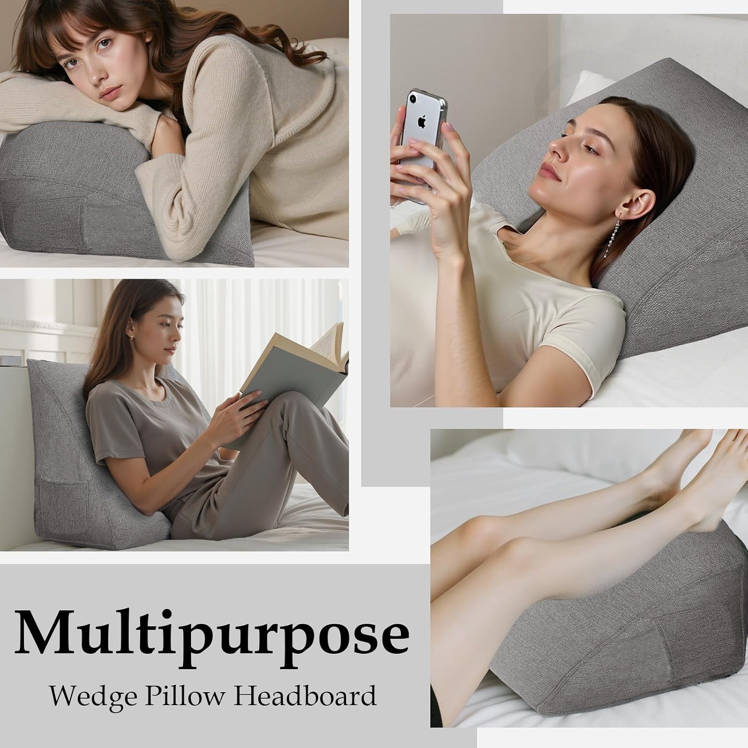 Wedge Headboard Pillow Reading Pillows for Sitting in Bed Adult Backrest Cushion with Removable Cover Side Pockets Sofa Grey Polyester