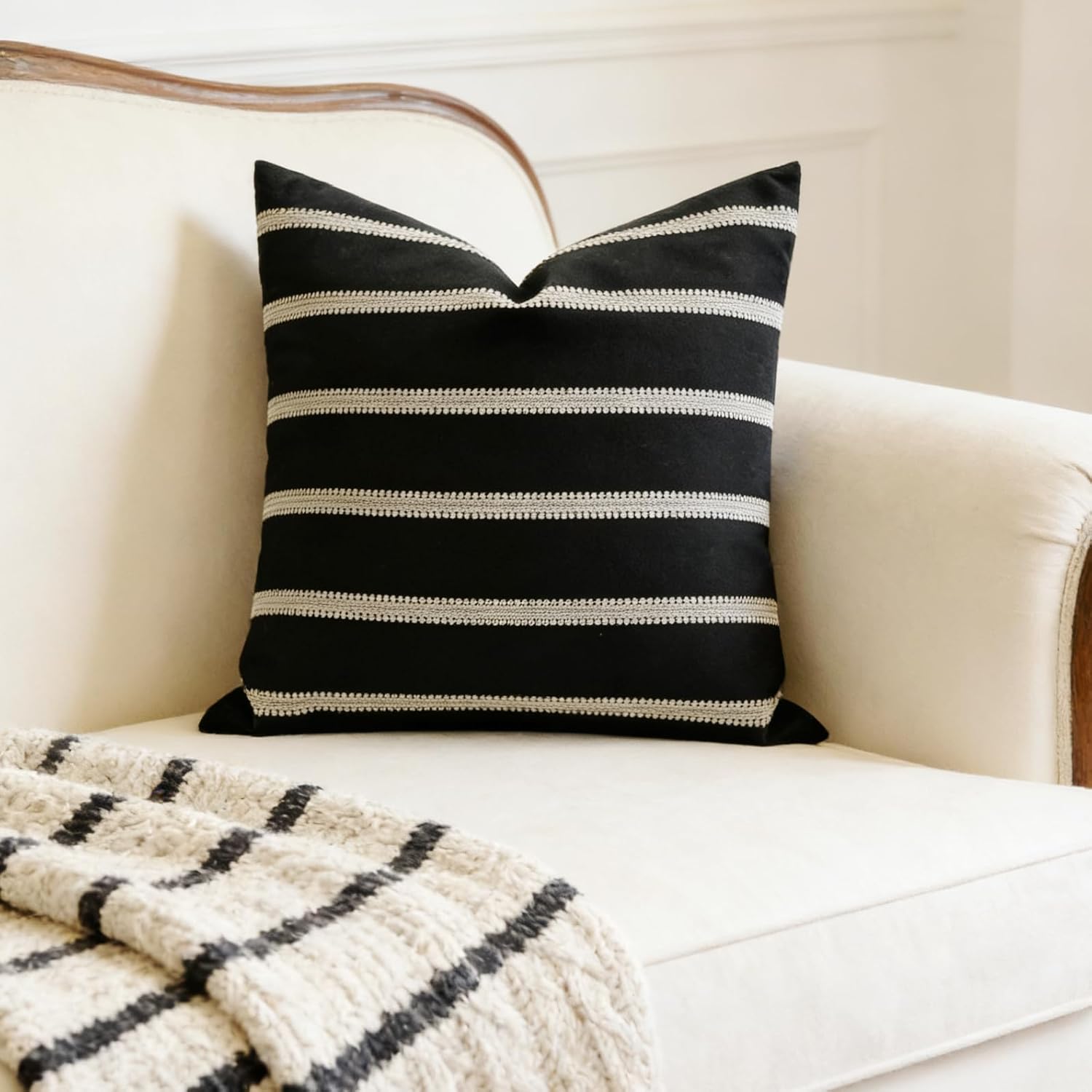 Slow Cow Textured Woven Stripe Throw Pillow Cover Modern Country Design Cushion Cover Pillow Cover 16 x 16 Inches Black Mixed Off White