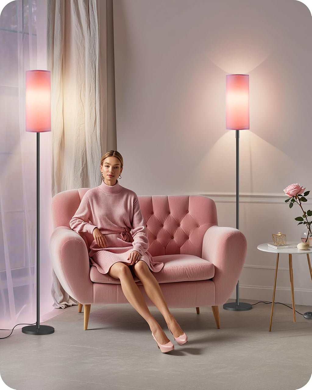2 Pack Dimmable Pink Floor Lamps for Living Room with 2 Remotes and Foot Switch, Corner Floor Lamp, 64.4'' Standing Tall Lamp, 10W 900LM…
