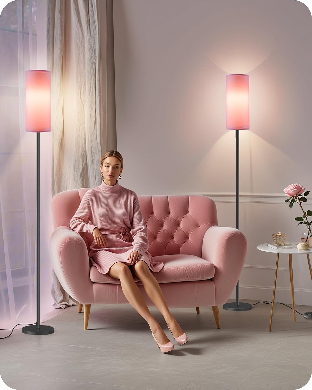 2 Pack Dimmable Pink Floor Lamps for Living Room with 2 Remotes and Foot Switch, Corner Floor Lamp, 64.4'' Standing Tall Lamp, 10W 900LM…
