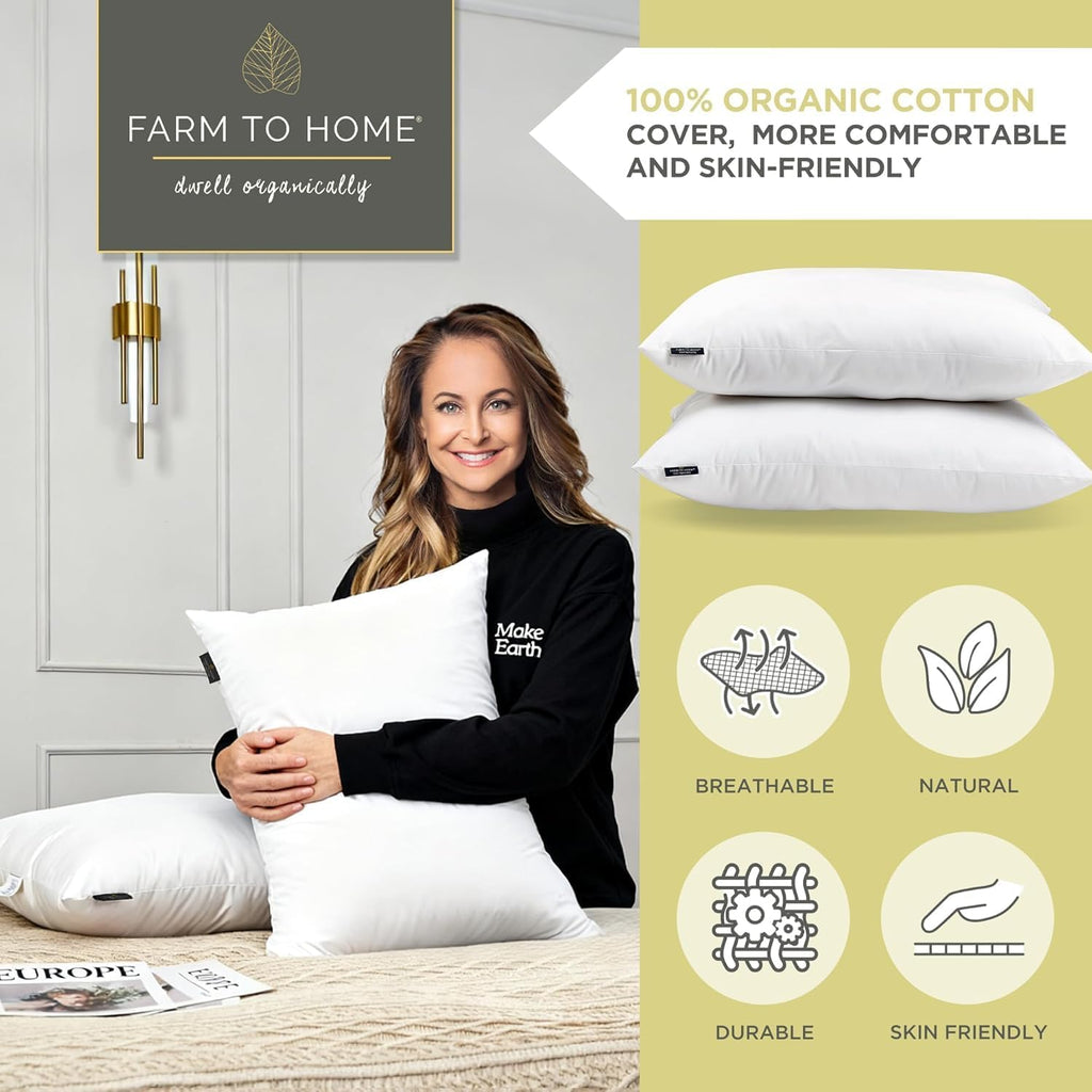 Farm To Home 100% Organic Cotton Cover Pillows Queen/Standard Size Set of 2, Down Alternative Hotel Quality Soft Bed Pillow for Back &…
