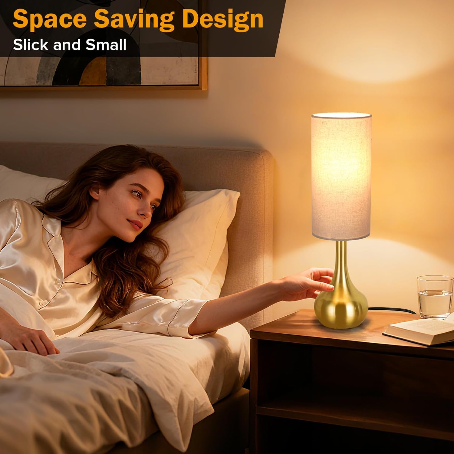 Ledikon Touch Gold Table Lamp for Nightstand, 3-Way Dimmable, Space Saving & No Assembly Required, Upgraded Small Bedside Lamp for Bedroom,…